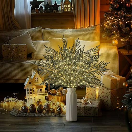 8 Pcs Lighted Artificial Pine Branches 35" Christmas Greenery Norfolk Pine Picks with LED Lights Faux Stems