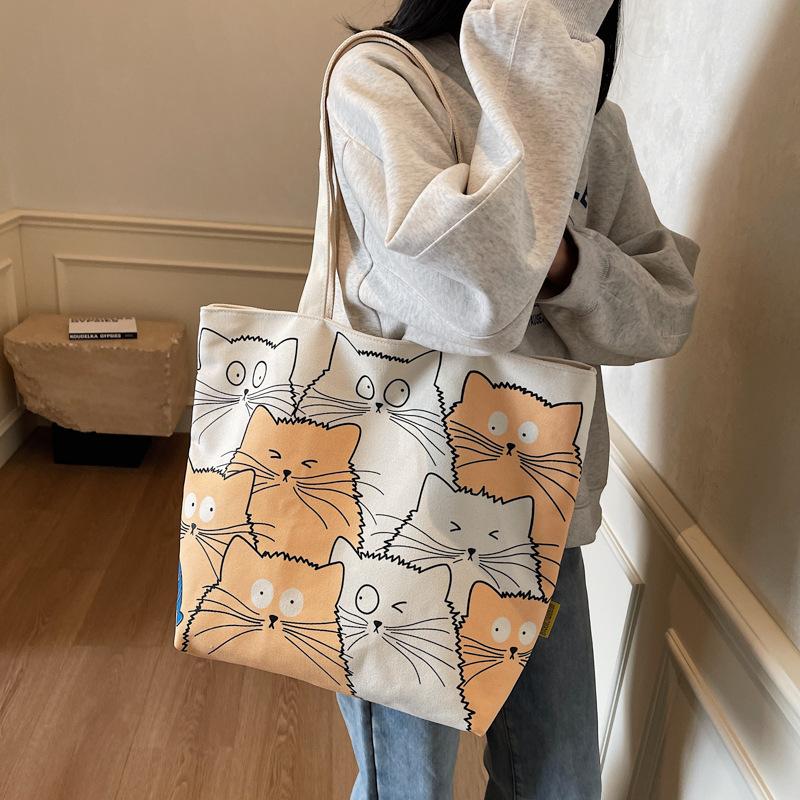 Canvas bag women's 2025 new summer large-capacity bag casual cartoon shoulder bag college student class tote bag