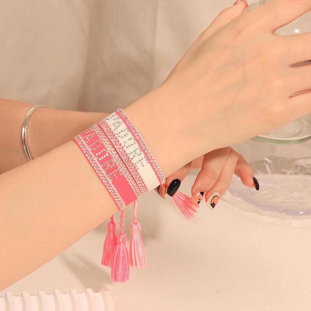 Seven-Color Full Diamond Woven Bracelet with 'JADORE' Letter, Handmade Tassel Chain, Crystal Design for Women