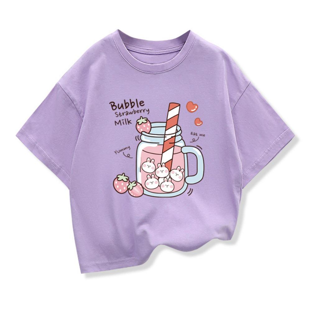 Girls Bubble Strawberry Milk Cartoon Casual T-shirt Kids Short-Sleeve Graphic High-quality Tops 2026 Summer New Kids Clothing