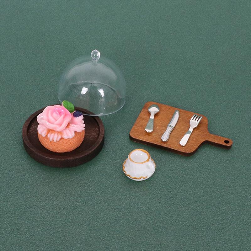 8Pcs/Set Diy Accessories Dollhouse Coffee Miniature Cake Wooden Tray With Cover Dessert Display Rack Kitchen Model Decor Toy