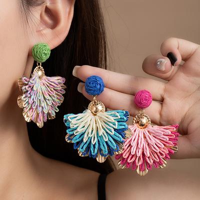 Ethnic Style Hand-Woven Raffia Colored Flower Earrings High-End Bohemian Vacation Style Sweet Earrings