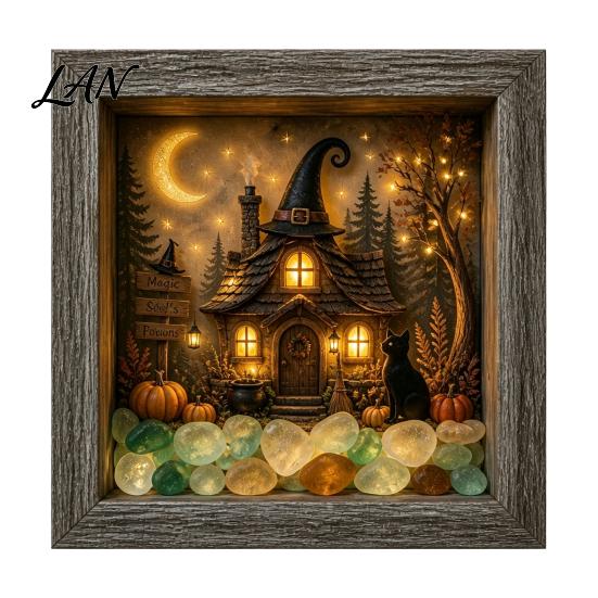 Small Halloween Figures Lighted Frame Ornaments, Light Up Shadow Box, Warm Festive Party Supplies Atmosphere LED Lights for Home Living Room