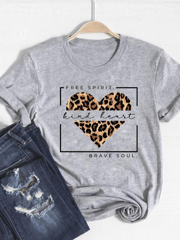 Tee Basic Clothing Women Clothes Print T Shirt Leopard Love Heart Trend Cute Summer Top Fashion Short Sleeve Graphic Tshirt