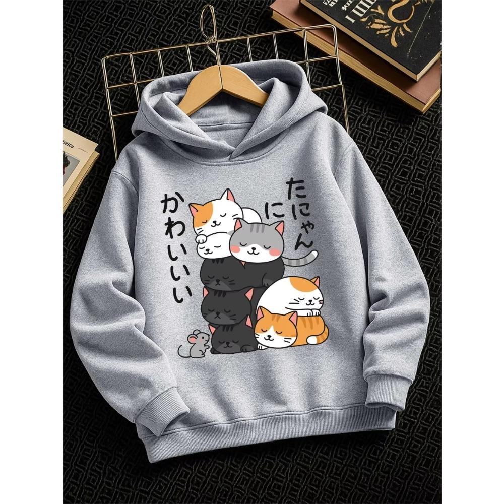 Felpa con Cappuccio per Bambini e Bambine Gatto Giapponese Stampata Kawaii Cartoon Pullover Top con Cappuccio Casual Streetwear Autunno Inverno
