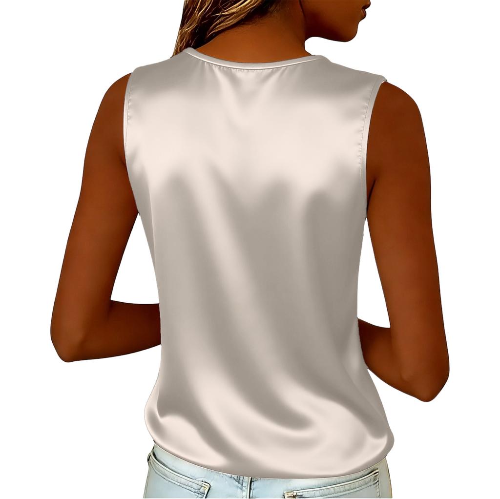 Women’s Sleeveless Satin Cowl Neck Blouse Relaxed Fit Pullover Top Lightweight Soft Tank Shirt for Daily Wear