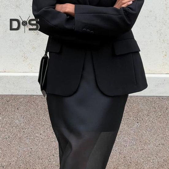 Women Maxi Skirt High Waist Mesh Yarn Cover Perspective Solid Color Skirt Hip Wrapped Split Design Long Skirt