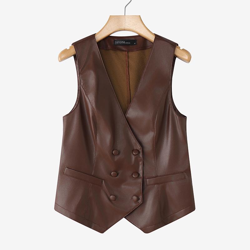 ZANZEA Women Casual V-Neck Sleeveless Faux PU Leather Cardigan Vest