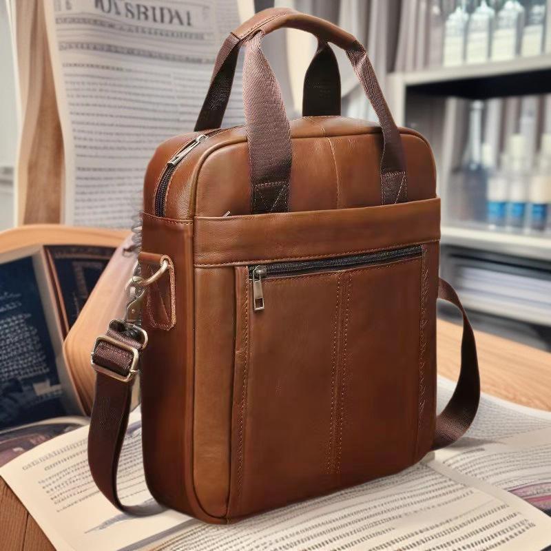 Men's Genuine Leather Vertical Briefcase: Simple Top Layer Cowhide Shoulder & Crossbody Document Bag.