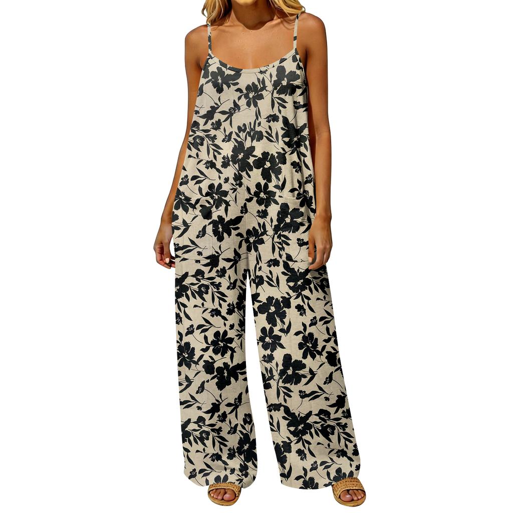 Damen Jumpsuit im Vintage-Stil, lockere Passform, ärmellos, baumwollähnlicher Stoff, Blumendruck, Latzhose mit weitem Bein und Taschen, rückenfreies Design