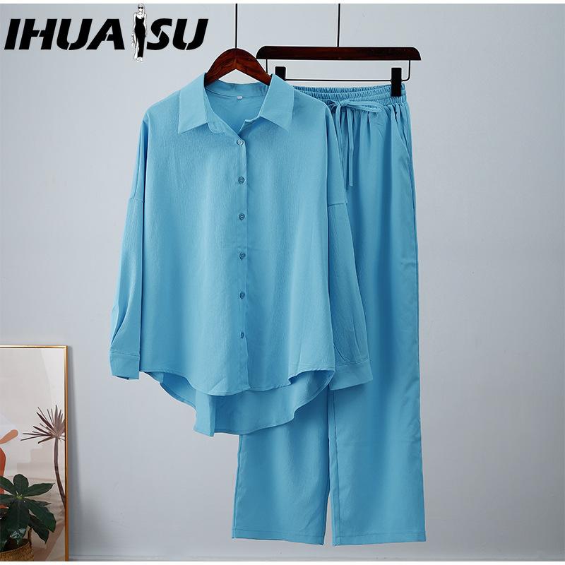 IHUASU Autumn and Winter Loose Stretch Wrinkled Long-sleeved Shirt Wide-legged Trousers Leisure Suit Female Two-piece Set