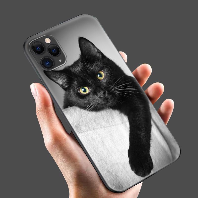Black Tpu Case for Iphone 5 5s Se 6 6s 7 8 Plus X 10 XR XS 11 12 13 Mini Pro MAX Case Silicone Cover Black Cat Staring Eye On