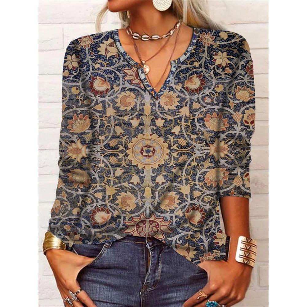 GMXIA Autumn Loose Long Sleeve Flower Bold V-neck T-shirt Base for Women