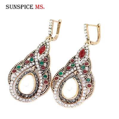 Classic Turkish Women Blue Resin Flower Long Hook Dangle Earrings Antique Gold Color Arabesque Ethnic Drop Glass Earring Bijoux