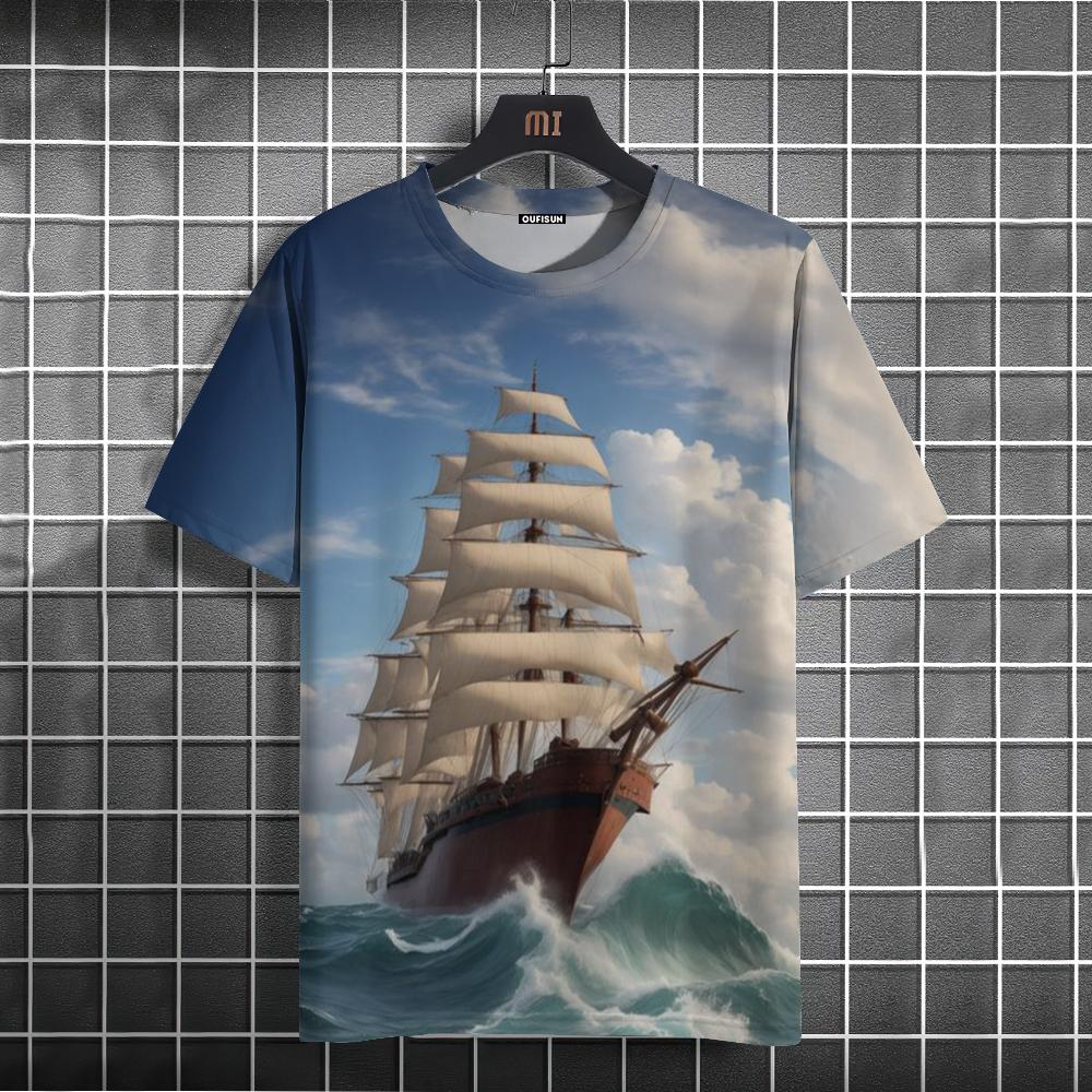 Men's retro T-shirt sailing outdoor sports leisure couple 3D printing T-shirt