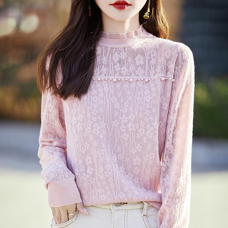 Spring New Style Beaded Lace Lapel Long-sleeved Base Loose Cutouts Top