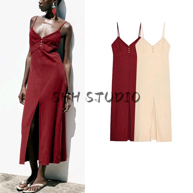 Summer New Women Clothes Frill Decoration V-neck Linen Blend Temperament Sling Midi Dress 8372117