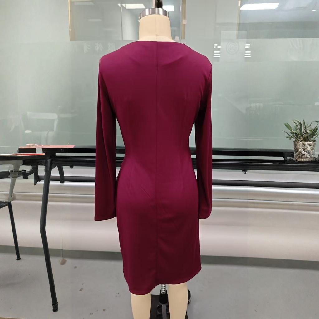 Damen Einfarbiges Bodycon Rock Langärmlig V-Ausschnitt Plissiertes Design Sinn Kleid