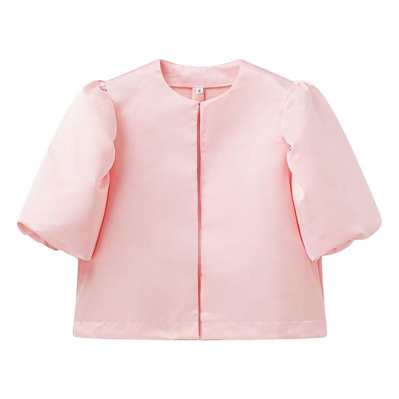 Women's Puff Sleeve Round Neck Top - Elegant Commuting Style, Versatile Five-Point Sleeve Blouse