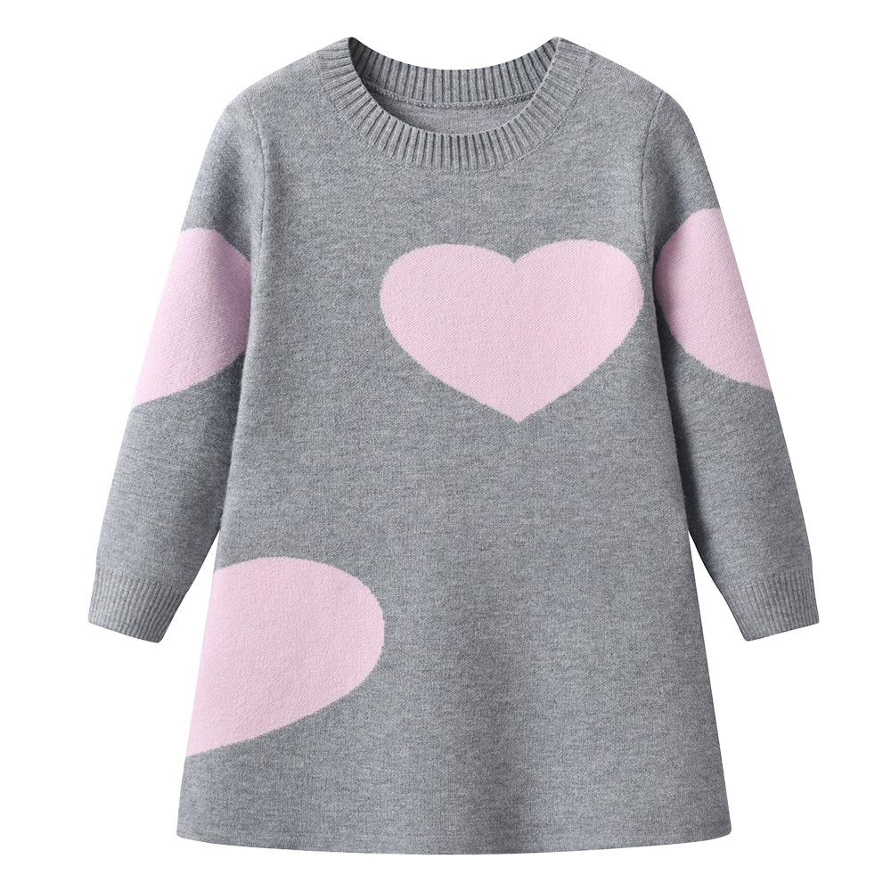 Vår och Höst Rundhalsad Kärlek Jacquard Flickor Stickad Klänning Prinsessklänning Barnkläder Mellanstora och Stora Barns Tröjklänning