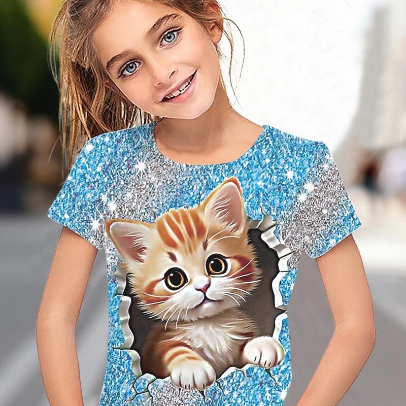 Abbigliamento per Bambini Ragazza T-shirt Manica Corta Stampa Gatto Cartone Animato 3D Vestiti Estivi per Bambini Moda Carina Abbigliamento per Ragazze Top in Poliestere