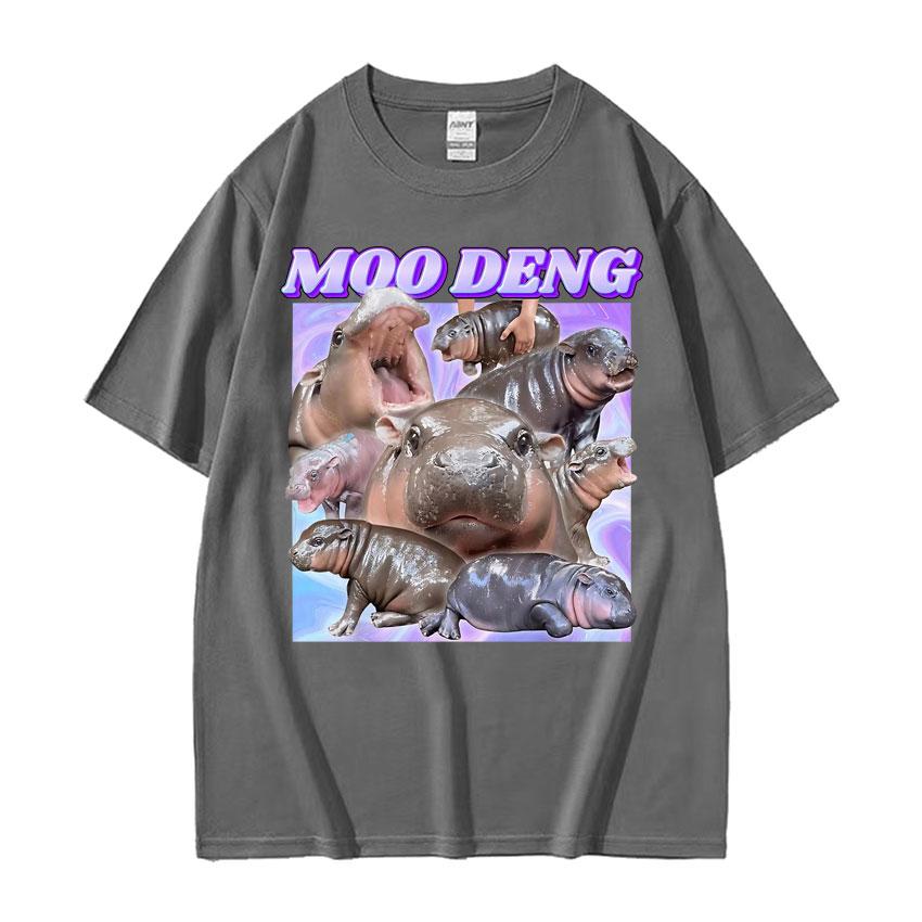 Cute Baby Hippo Moo Deng Kawaii Funny T Shirts for Unisex Women Summer Casual Oversized Tshirt Vintage Fashion Pure Cotton T Shirt