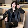Women's Casual Loose Fit PU Leather Jacket with Button Closure and Pockets