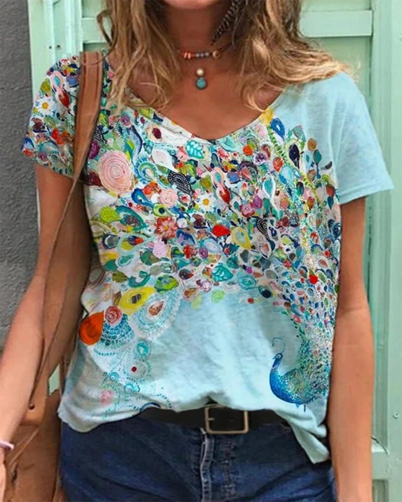 Fashion Spring  Butterfly Print Blouses Short Sleeved V-Neck T Shirts Casual