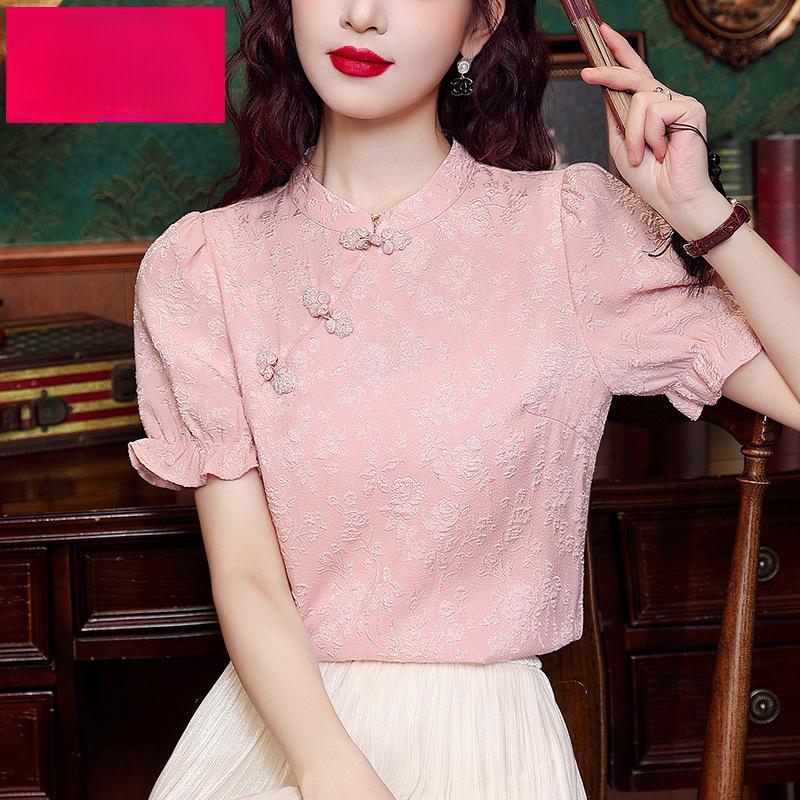 Cheongsam Shirt Women's 4 New Summer Short-sleeved Shirt, Fungus Edge Jacquard Satin New Chinese Top