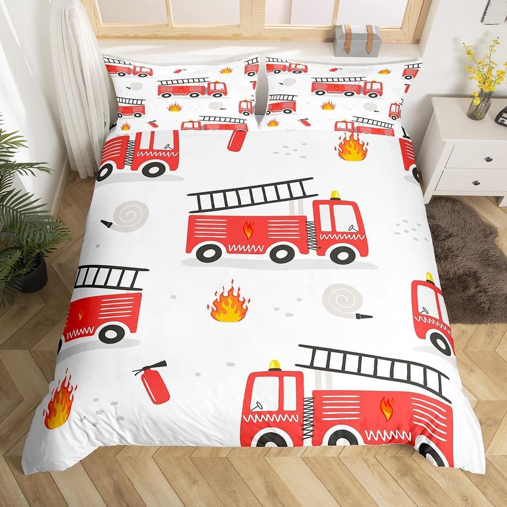 Fire Truck Duvet Cover Twin Queen Size,Kids Cute Car Road Traffic Print Comforter Cover Cartoon City Map Firefighter Bedding Set