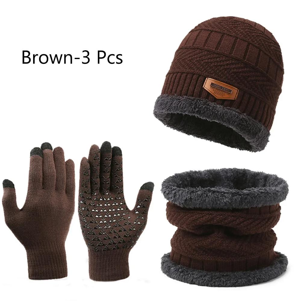 3Pcs Winter Fleece Thicken Windproof Hat Gloves Scarf Set Plush Warm Wool Knit Beanies for Men And Women