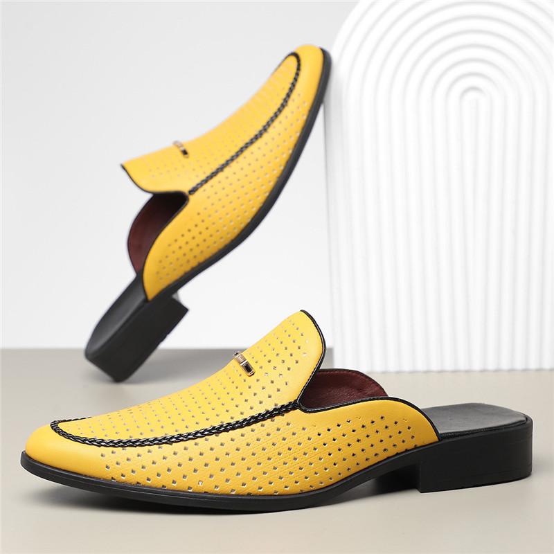 New Men's Yellow White Black Half Slippers Driving Shoes Casual Patent Leather Mules Moccasins Breathable Loafers Zapatos Hombre