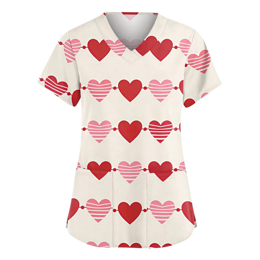 Women’s Short Sleeve V Neck T Shirt with All Over Heart Print Casual Loose Fit Lightweight Top for Daily Wear