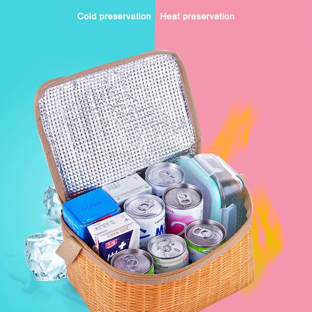 Straw Woven Waterproof Insulated Thermal Bento Bag Insulated Lunch Tote Bag for Travel Picnic Women Lunch Box Natural Pastoral