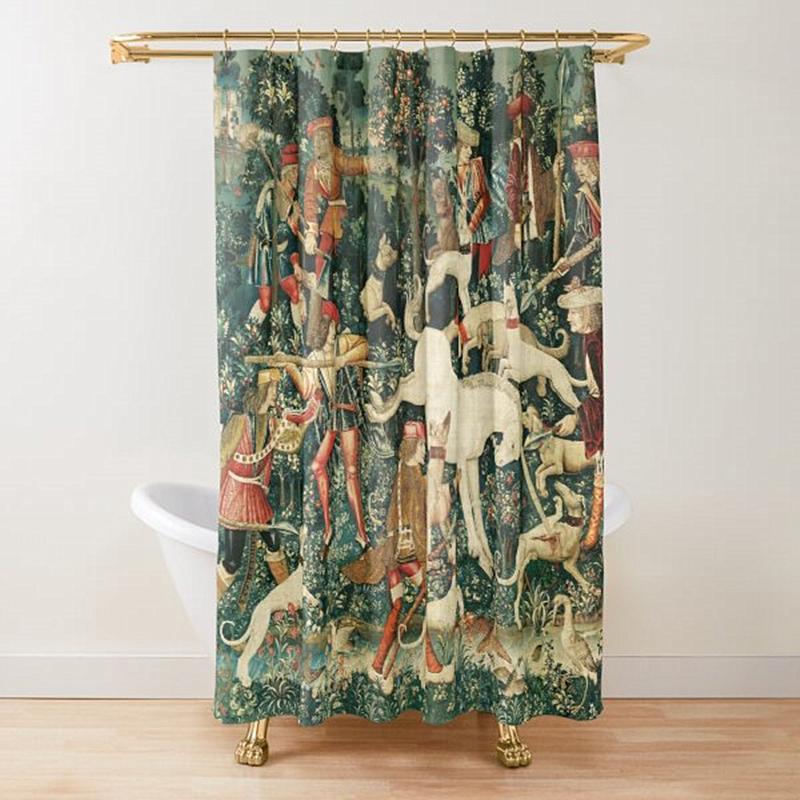 Medieval Deer Hunting Scene Shower Curtain Ladies and Dogs Antique Shower Curtain Animals Retro Vintage Bathroom Curtains Set