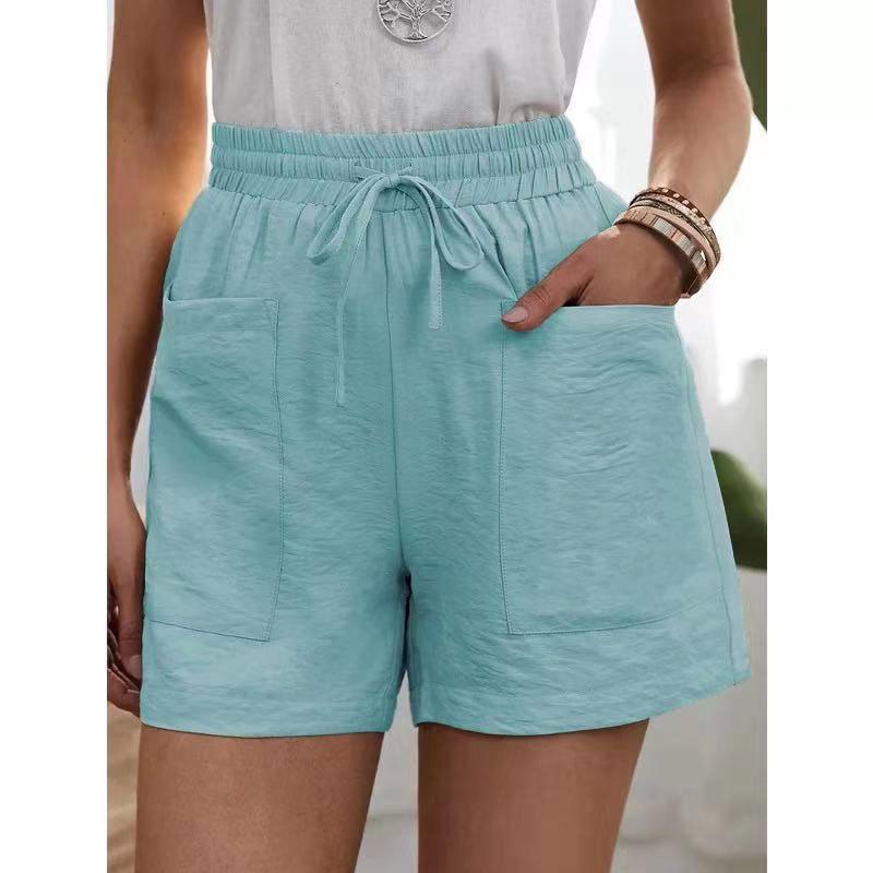 Women s High Waist Wide Leg Linen Shorts - Solid Color, Loose Fit, Pocketed Small циан