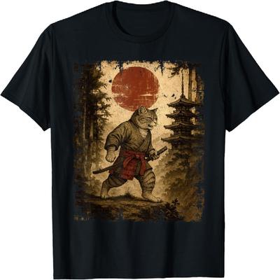 Samurai Cat Warrior Vintage Japanese Art Anime Cat Ukiyo-e T-Shirt for Men Women Kids