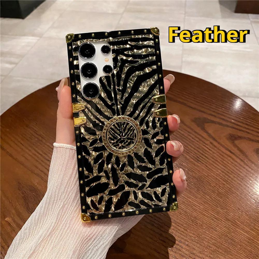 Feather Leopard Print Ring Cover Plating Phone Case For Samsung Galaxy S25FE S24 S23 A54 A51 A71 A52 A72 A82 A22 A20 A50 A70 A40 A60 A17 A26 M40 Flip7