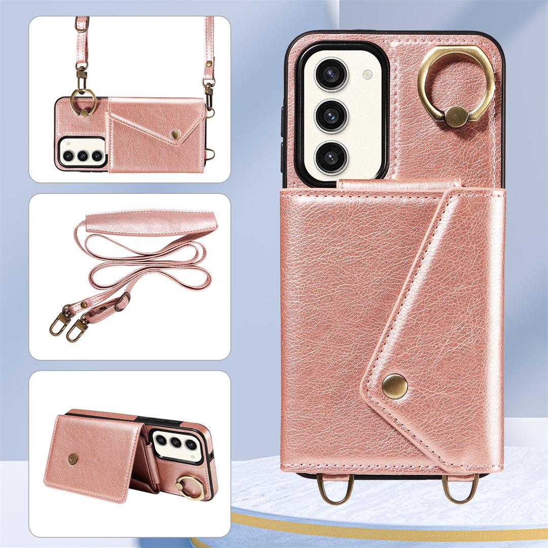 

Для Samsung Galaxy S23, Galaxy S23+, S23 Ultra, S23 FE плечевой ремень веревка кольцо кронштейн дизайн держатель для карт слоты личи узор чехол для телефона Samsung Galaxy S23+ розового золота