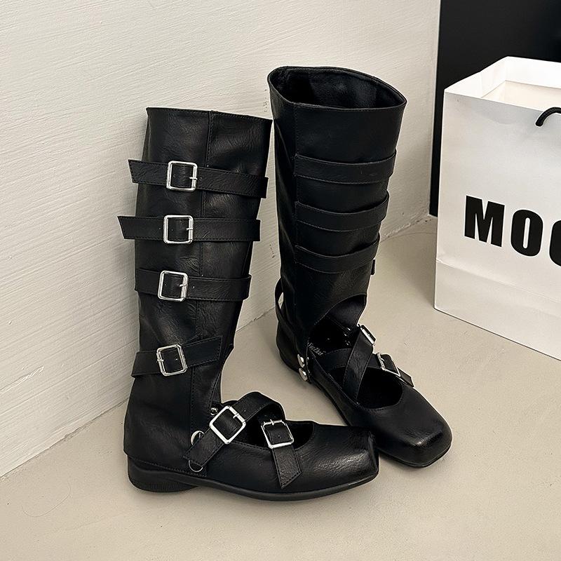 

Винтажная пряжка ремня, сумка-голова, крутые ботинки, лето, новые, плоская подошва, жареные уличные красотки, балетные, дышащие, полые ботинки 40 чёрный