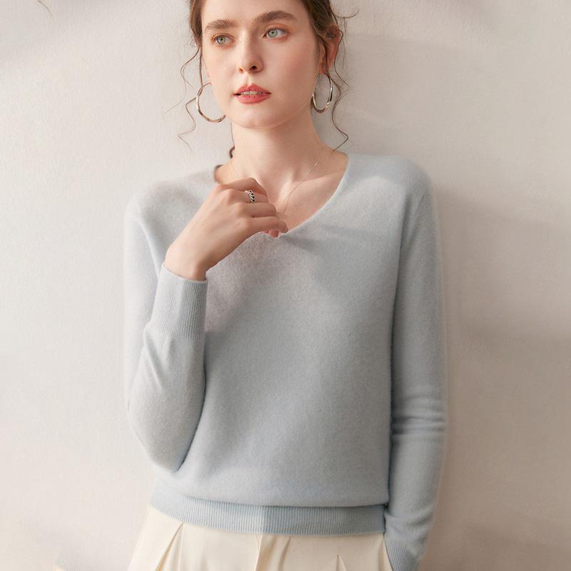 Versatile V-neck Cashmere Wool Sweater - Warm, Loose, Solid Color, Fashion-Forward Base Layer