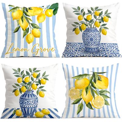Blue Striped Lemon Porcelain Flower Cushions Pillowcase Polyester Cushion Cover Throw Pillow Pillowcover Home Car Sofa Decor