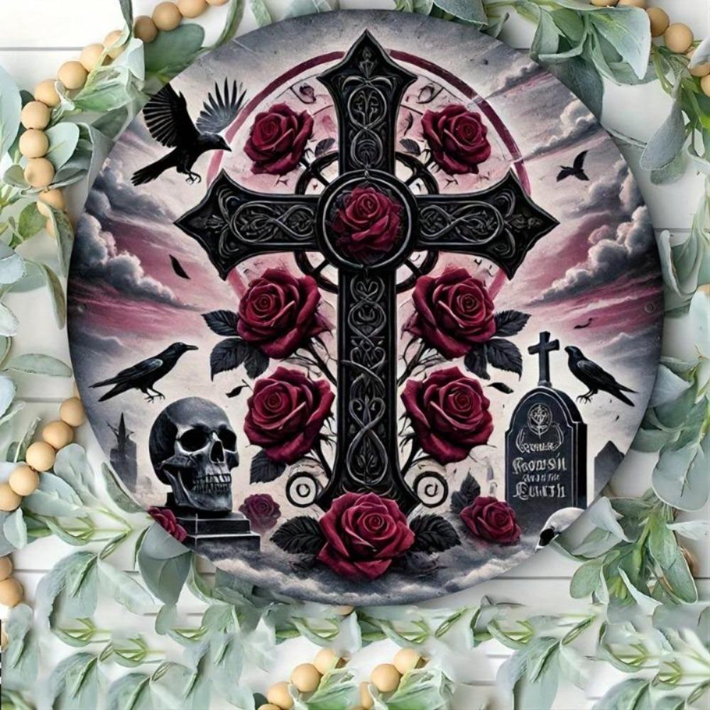Vintage Gothic Metal Wall Art Tin Sign Halloween Skull Cemetery Decor