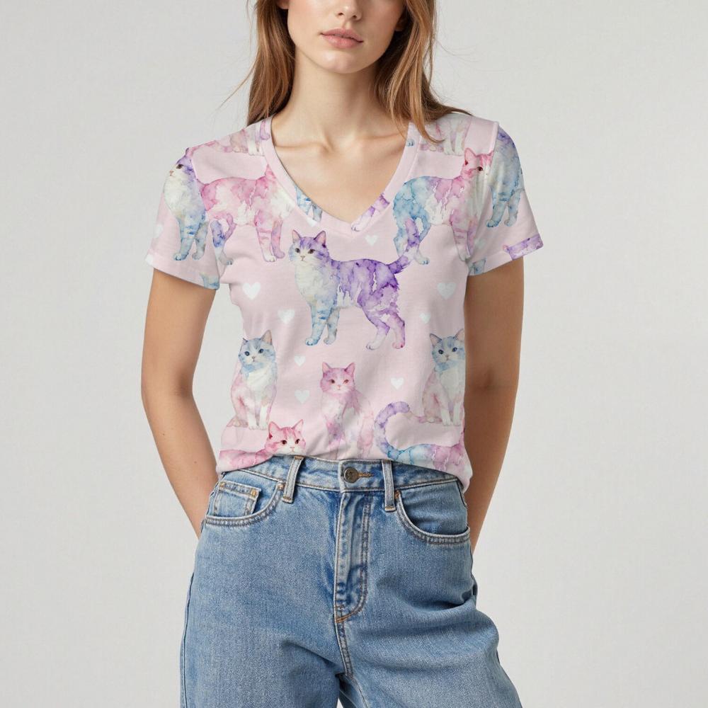 Summer Women's New Short-sleeved T-shirt Cat Pattern Top Soft Texture Comfortable Breathable Personality Daily