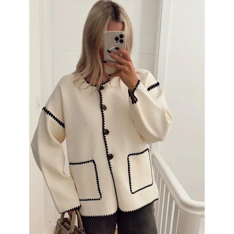 Шикарные карманные лоскутные вязаные укороченные куртки Женский однобортный кардиган — фото 3