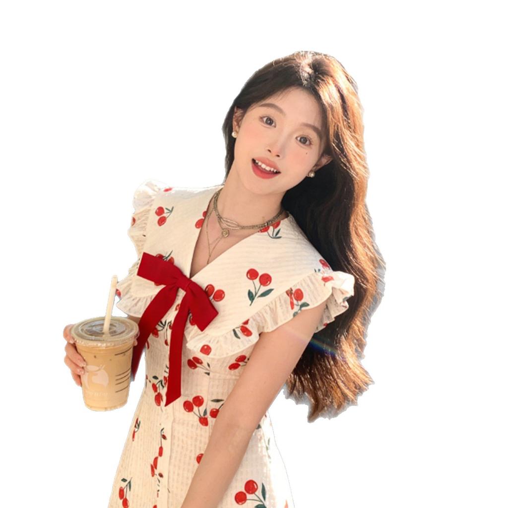 Wine Stained Cherry Bow Small Fly Sleeve Dress Sweet Wind Waist Thin Design Sweet Spicy Printed Short Skirt