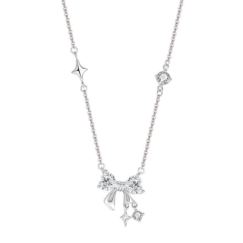 S925 Sterling Silver Bow Necklace with Rhinestone Star Clavicle Chain for Women & Girls S925 Silver
