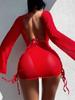 2025 Red 3 Pieces Set Swimsuit Women Thong Swimwear Sexy Matching Bikini Set Long Sleeve Dress Cover Up Beachwear Bathing Suit