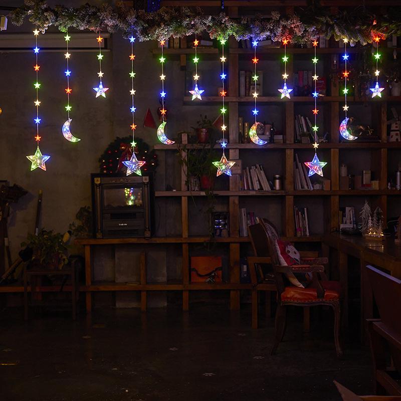 Solar LED Moon & Star Outdoor String Lights: Colorful Birthday & Atmosphere Decor Standard plug-in + 5m extension, 8 modes