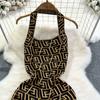 Summer Women Brand Designer Sexy Club Party Halter Print Letter Knitted Sweater Slim Bodycon Mini Short Sheath Dresses